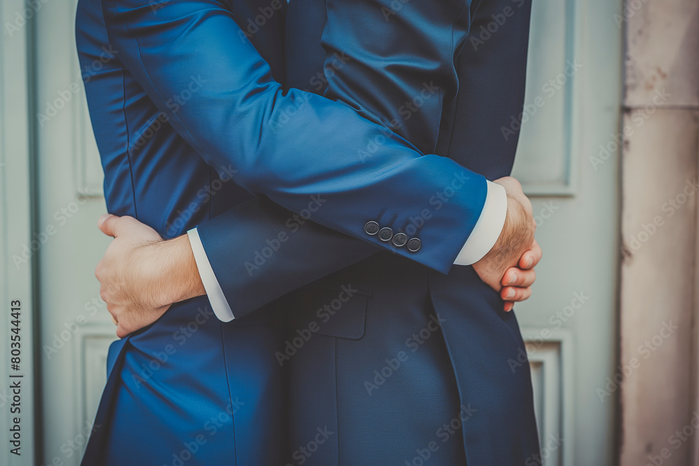 Handsome gay couple hugging in wedding suit enjoying the relationship with LGBTQ