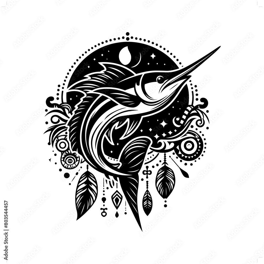 Marlin fish silhouette in bohemian, boho, nature illustration Marlin fish silhouette in bohemian, boho, nature illustration