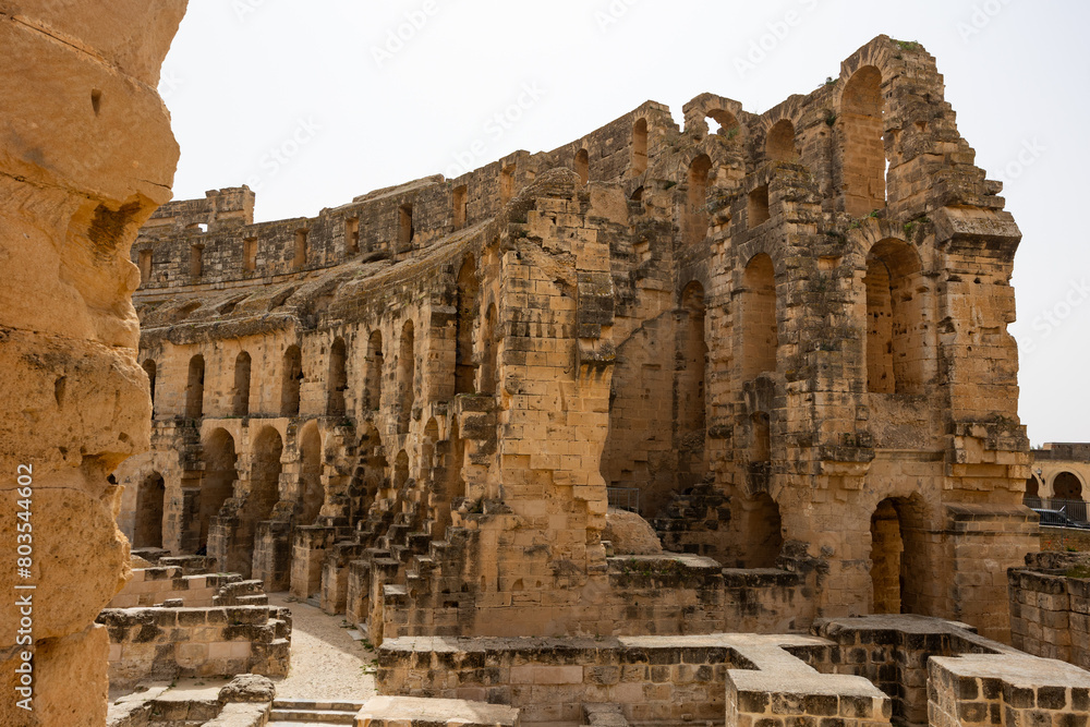 Impressive ruins of the largest colosseum in North Africa, huge Roman amphitheater in the small village of El Jem, Tunisia