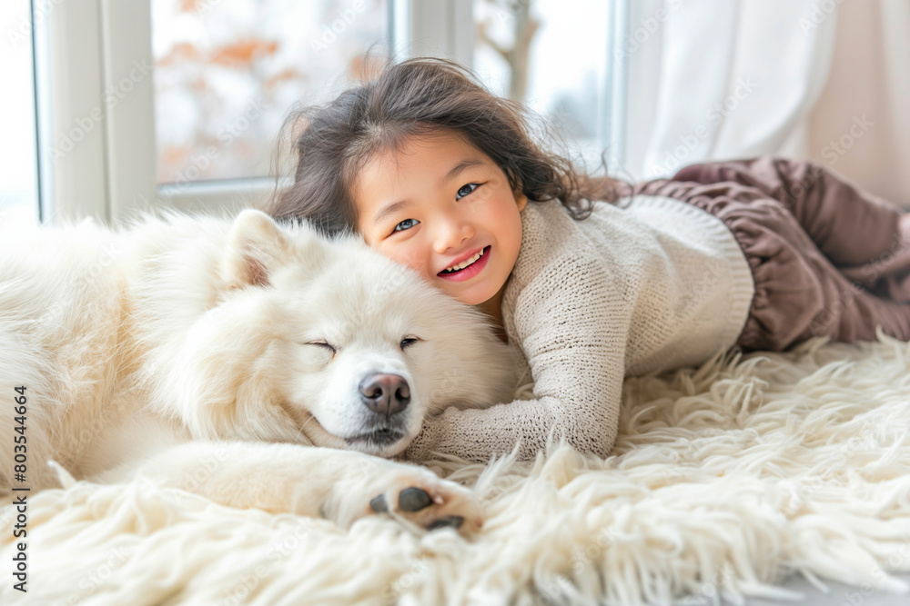 Happy asian girl with dog playing at home, Friendship and loyalty Happy asian girl with dog playing at home, Friendship and loyalty