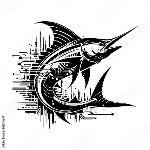 Marlin fish silhouette in animal cyberpunk, modern futuristic illustration