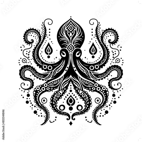 Octopus silhouette in bohemian, boho, nature illustration