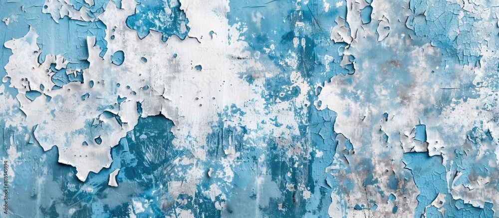 Weathered blue painted interior wall with cracks and flaking shabby stucco texture. Abstract faded blue and white wallpaper for web banner.