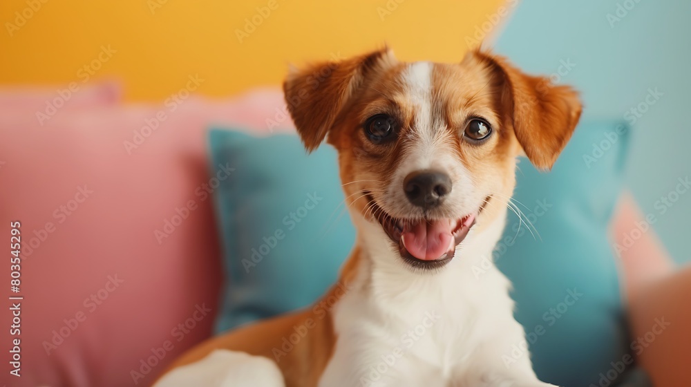 Close-up photo of a happy dog on a pastel background Close-up photo of a happy dog on a pastel background