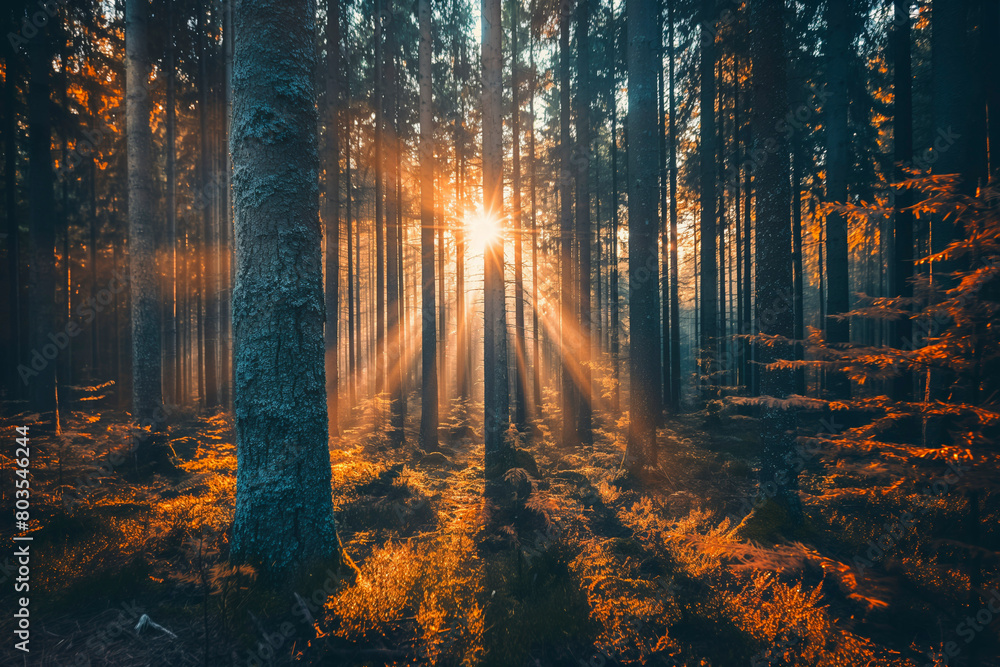 Obraz premium Peaceful forest with sunlight streaming through the trees