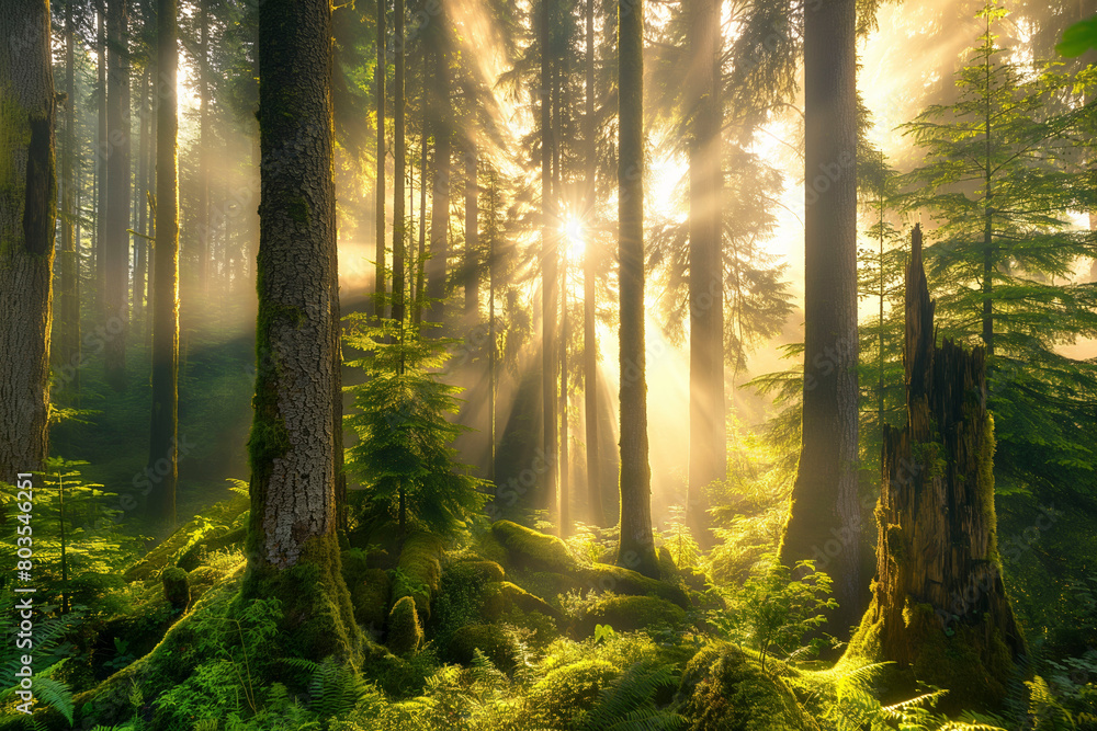 Obraz premium Peaceful forest with sunlight streaming through the trees