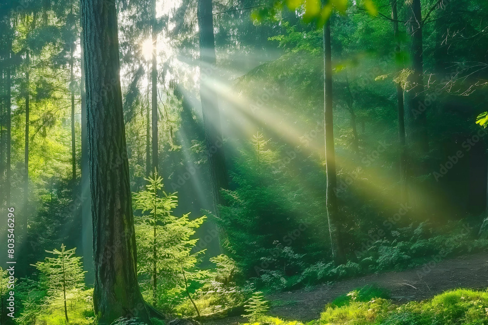 Obraz premium Peaceful forest with sunlight streaming through the trees