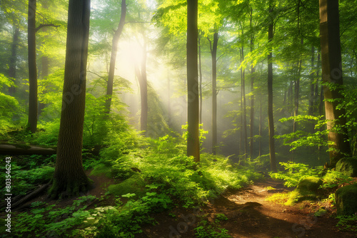 Peaceful forest with sunlight streaming through the trees © MVProductions