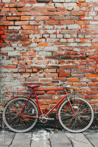 Classic red bicycle leaning against a brick wall 