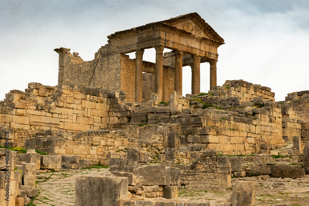 Remaining of the roman City of Dougga with the Capitol, Tunisia