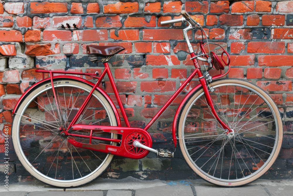 Classic red bicycle leaning against a brick wall 