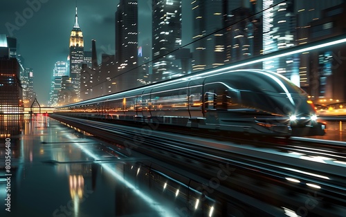 Next-gen rail  maglev trains zooming past iconic landmarks