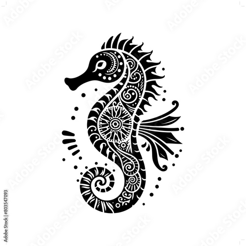 Seahorse silhouette in bohemian, boho, nature illustration