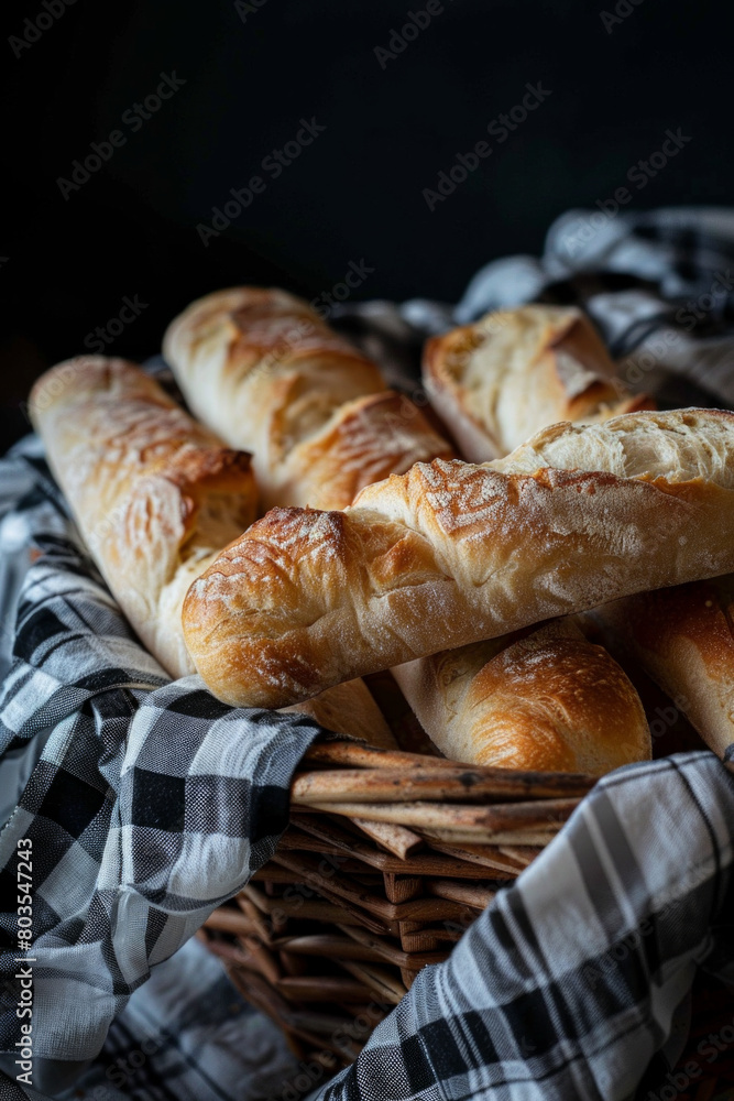 Basket of freshly baked bread with a checkered cloth Basket of freshly baked bread with a checkered cloth