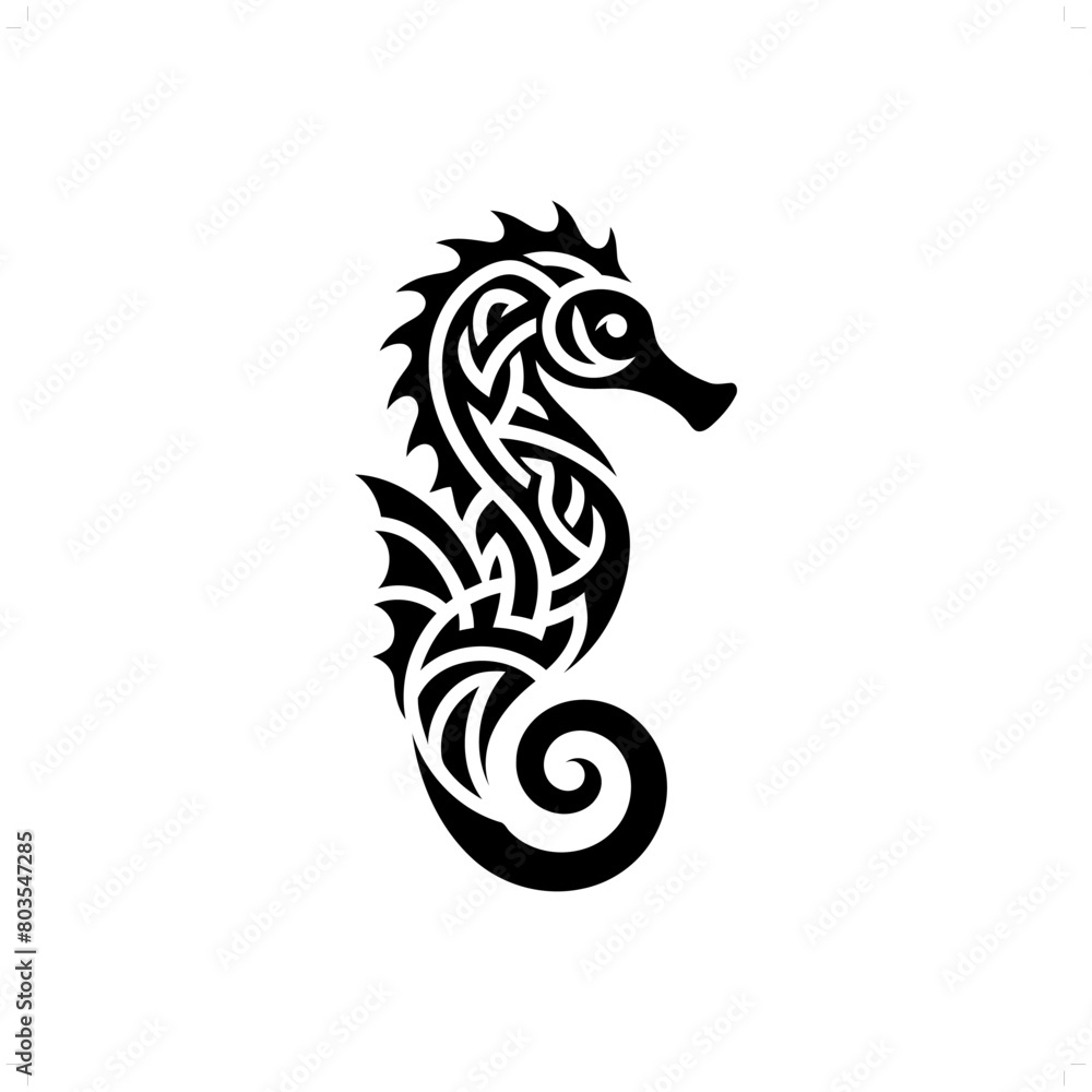 Seahorse silhouette in animal celtic knot, irish, nordic illustration