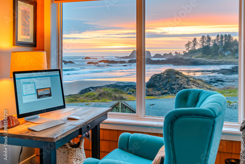 Interior of office at home setup with computer with desk and chair with a stunning view through the window