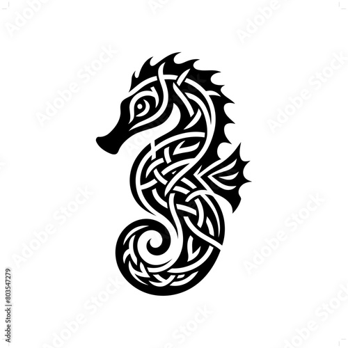 Seahorse silhouette in animal celtic knot, irish, nordic illustration