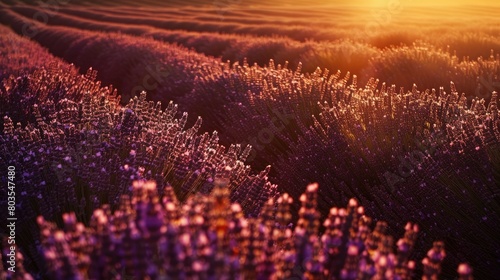 Lavender field at sunset with warm backlight