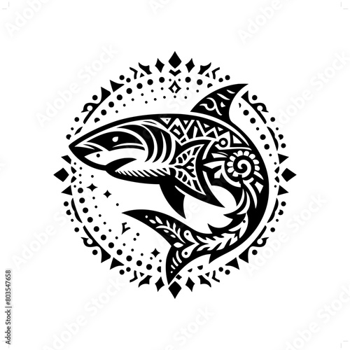 Shark silhouette in bohemian, boho, nature illustration