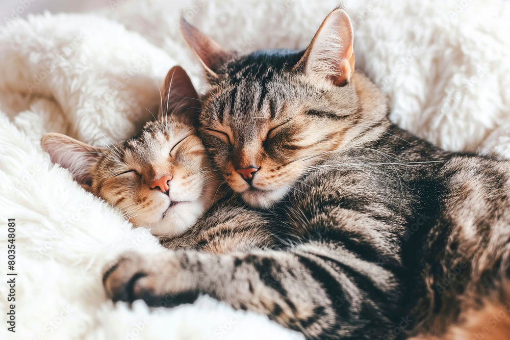 Lovely cat couple sleeping together hug on white fluffy bed. Valentine's Day celebration concept Lovely cat couple sleeping together hug on white fluffy bed. Valentine's Day celebration concept