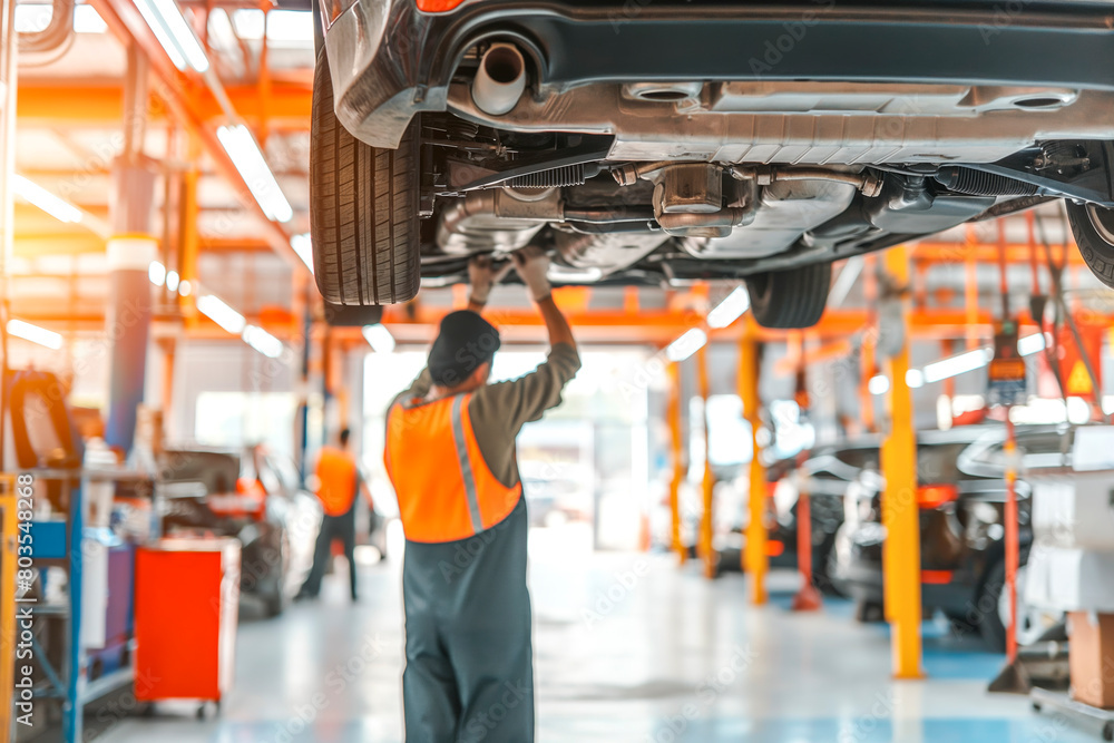 Fototapeta premium Male car mechanic worker working using wrench tool for repair, maintenance underneath car. Mechanic vehicle service checking under car in garage