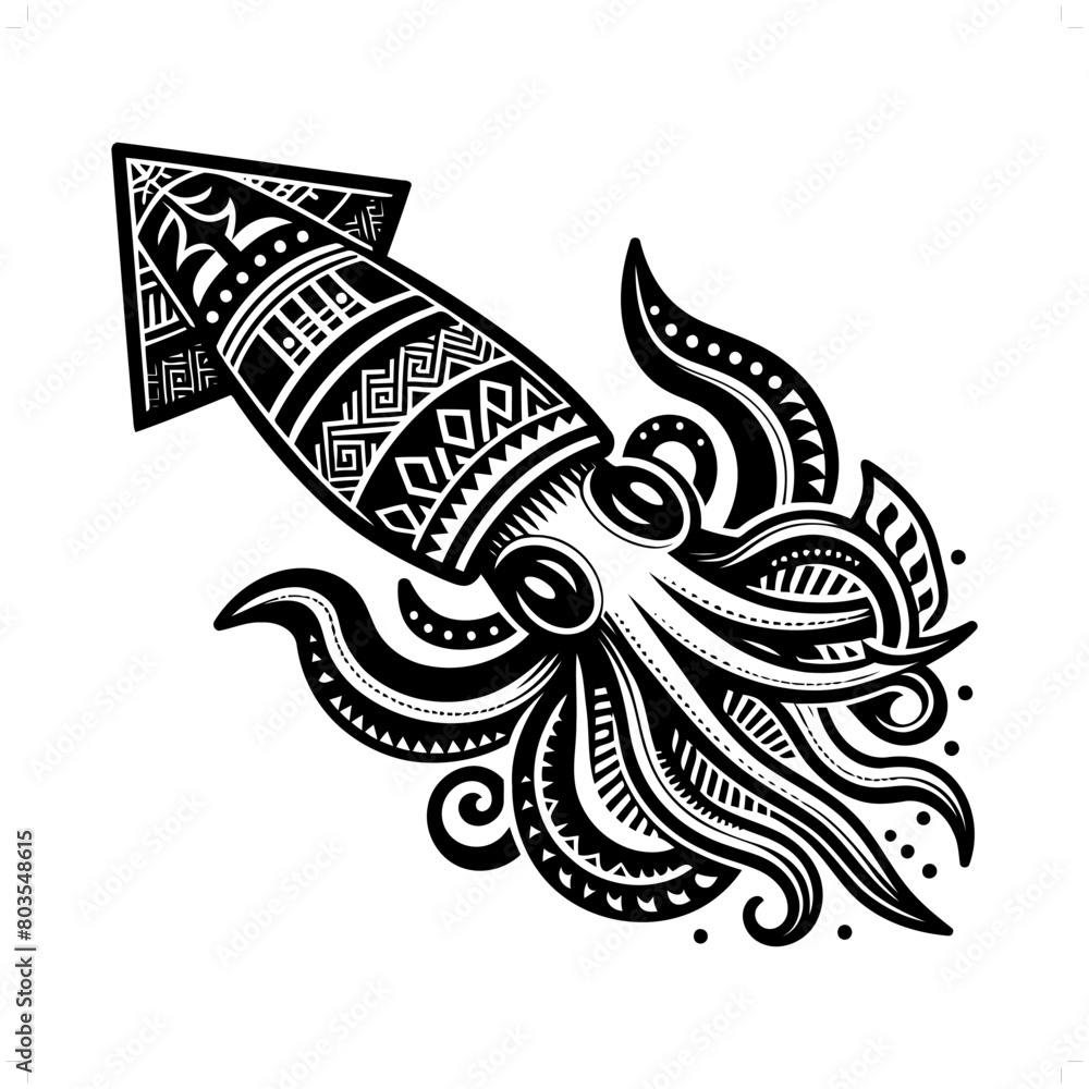 Squid silhouette in animal ethnic, polynesia tribal illustration