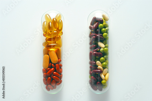 Medicine health concept. Nutritional supplement and vitamin supplements as a capsule with fruit vegetables nuts and beans inside a nutrient pill