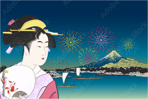 浮世絵　喜多川歌麿　花火 夏祭りイメージイラスト1