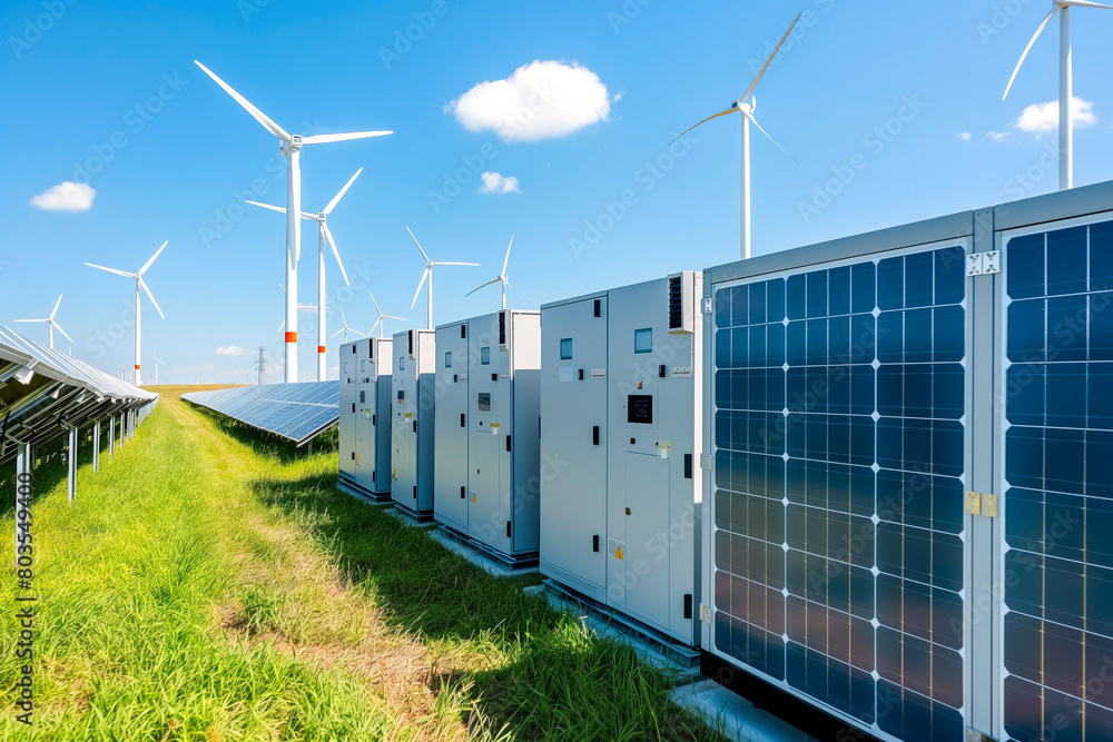 Modern battery energy storage system with wind turbines and solar in ...