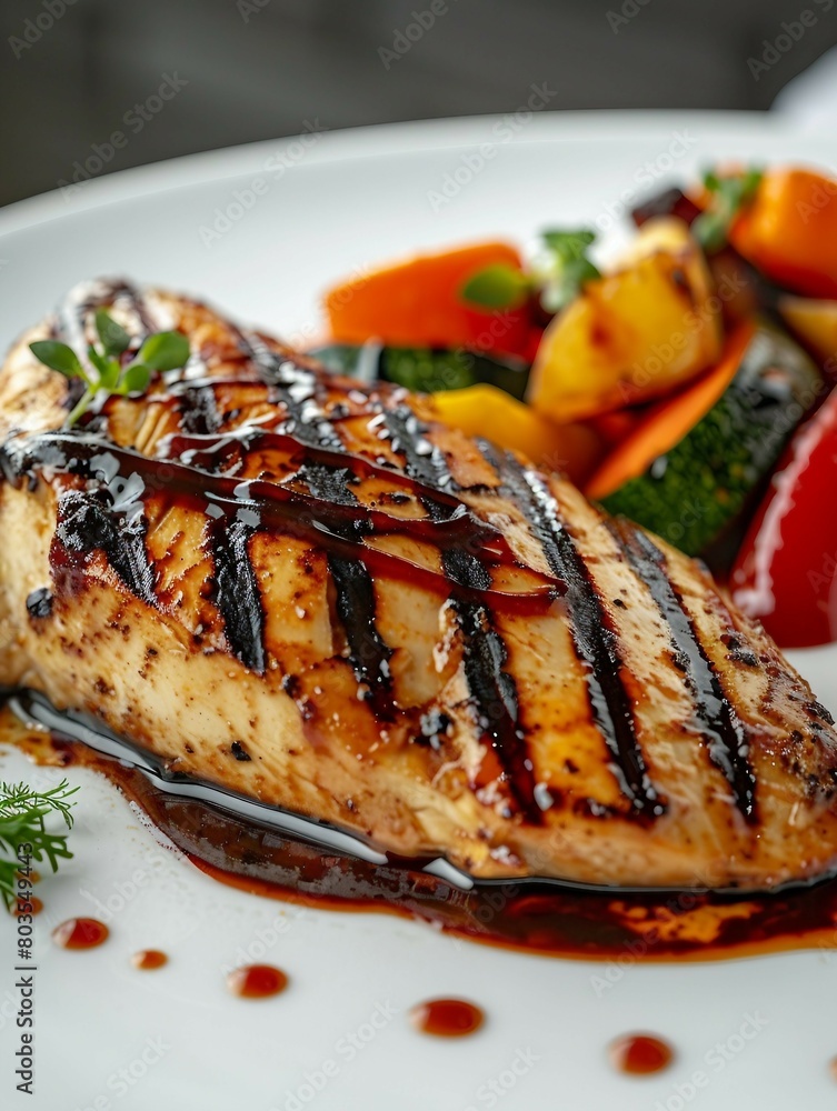 A succulent grilled chicken breast topped with a rich balsamic glaze, accompanied by a colorful array of roasted vegetables. A succulent grilled chicken breast topped with a rich balsamic glaze, accompanied by a colorful array of roasted vegetables.