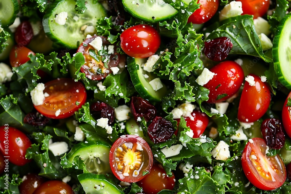 A vibrant image showcasing a close-up view of a fresh kale salad mixed with halved cherry tomatoes, sliced cucumbers, crumbled cheese, and possibly dried cranberries. A vibrant image showcasing a close-up view of a fresh kale salad mixed with halved cherry tomatoes, sliced cucumbers, crumbled cheese, and possibly dried cranberries.