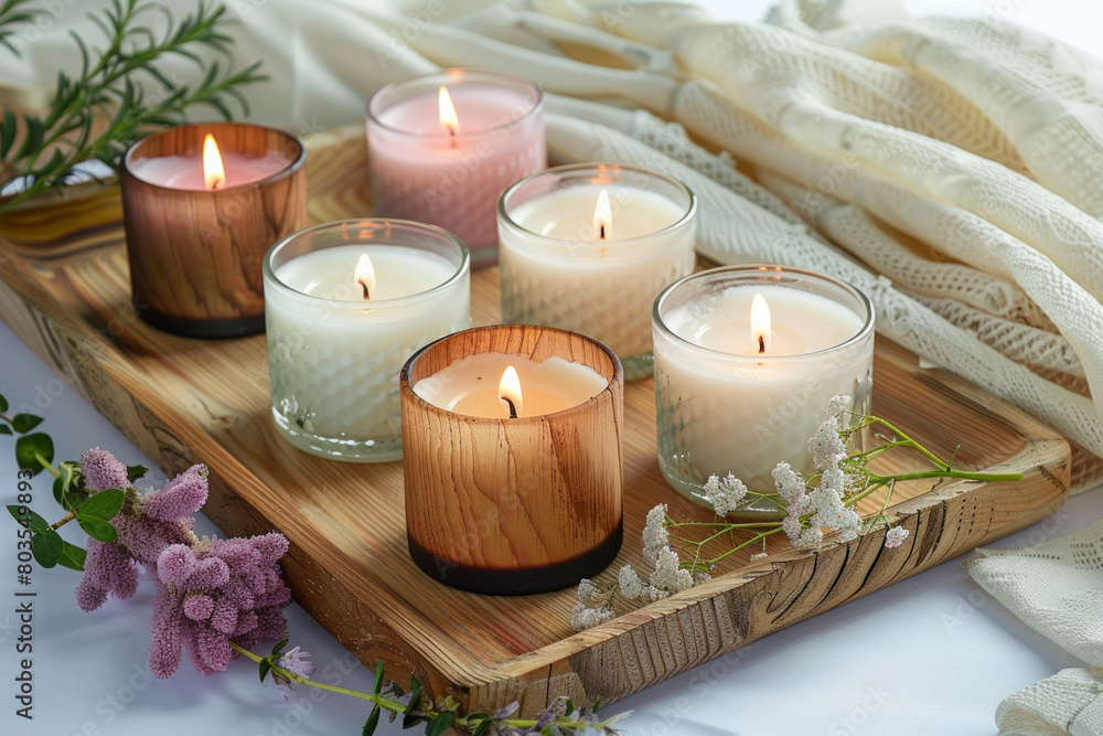 Aromatic candles arranged on a wooden tray Aromatic candles arranged on a wooden tray