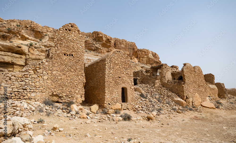 View of ancient abandoned town of Ghomrassen, Berber houses and granaries, Tataouine region of Tunisia, Africa