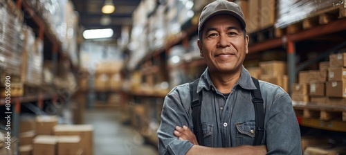 a portrait of an mexican man warehouse worker smiling while standing in the middle, surrounded by shelves filled with boxes and other equipment inside his storage facility.