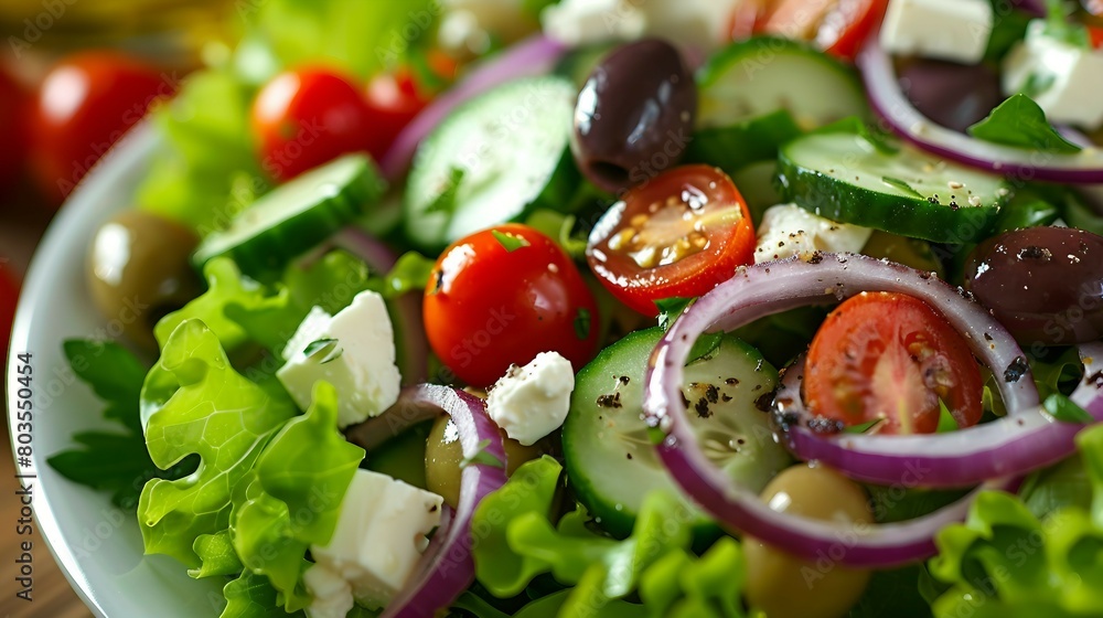 A close-up image of a Greek salad showcasing fresh vegetables and feta cheese. A close-up image of a Greek salad showcasing fresh vegetables and feta cheese.