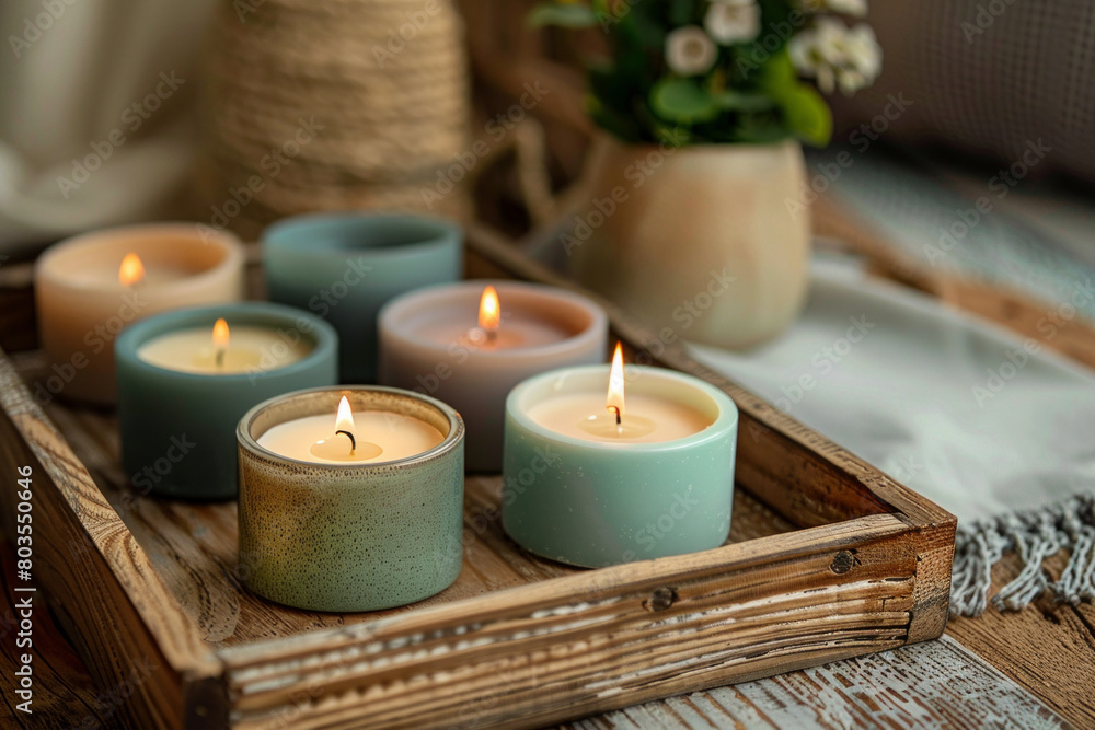 Aromatic candles arranged on a wooden tray Aromatic candles arranged on a wooden tray