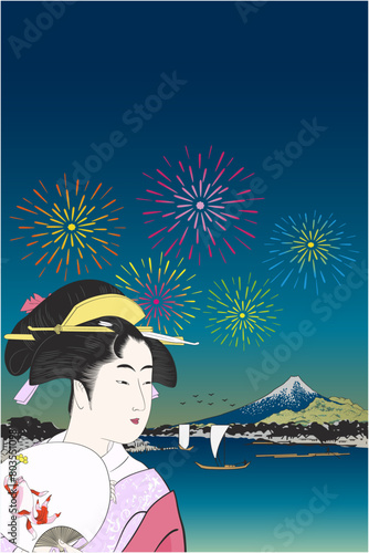 浮世絵　喜多川歌麿　花火 夏祭りイメージイラスト2