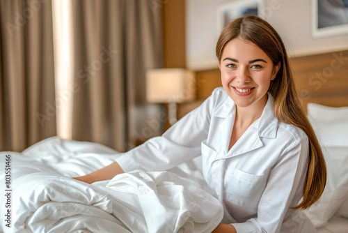 Professional chambermaid in uniform making bed in hotel room © MVProductions