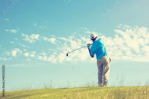 Professional male golfer wearing sport wear in golf tournament on beautiful green course