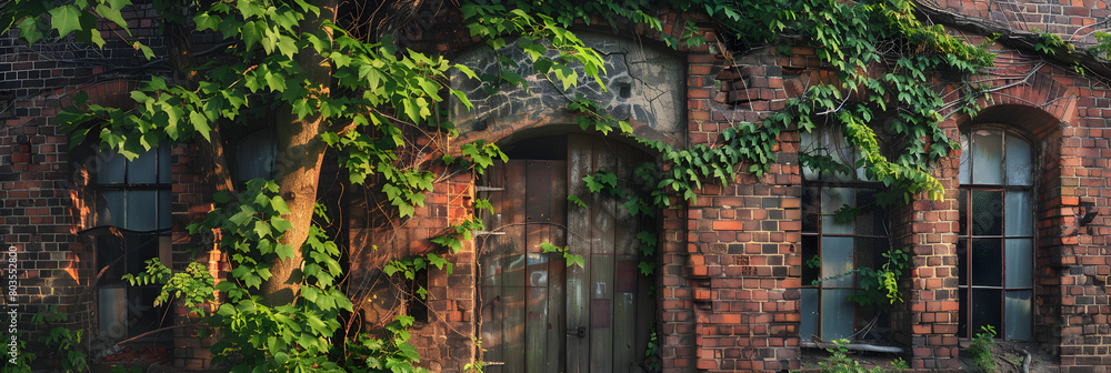 Decaying Beauty of a Vintage Brick Building Shrouded in Green Vines