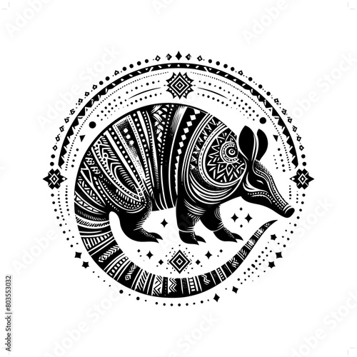Pangolin, Armadillo silhouette in bohemian, boho, nature illustration