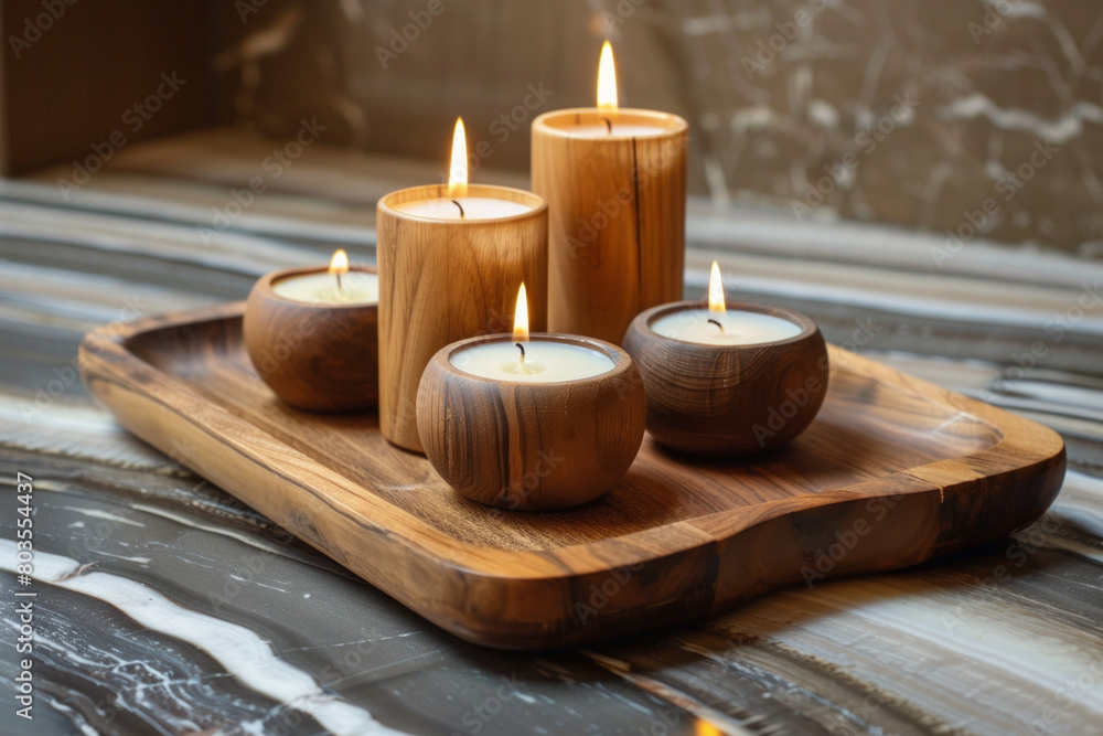 Aromatic candles arranged on a wooden tray Aromatic candles arranged on a wooden tray