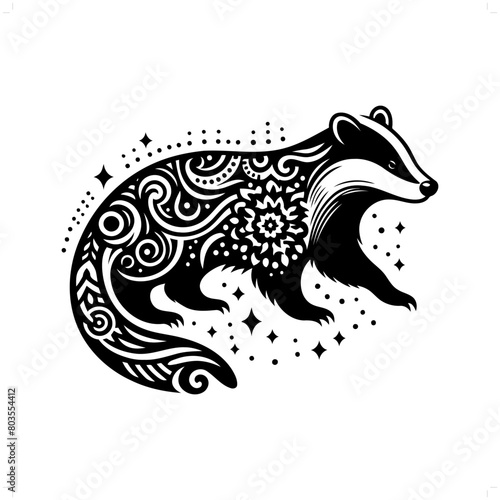 Badger silhouette in bohemian, boho, nature illustration