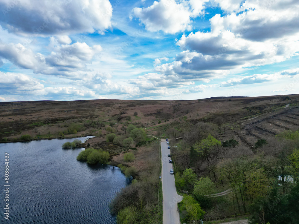 Obraz premium High Angle View of Most Beautiful British Landscape at Redmires Water Reservoirs over Hills of Sheffield City of England United Kingdom, April 30th, 2024