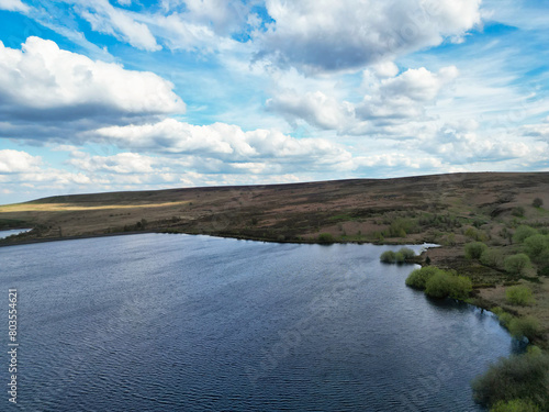 High Angle View of Most Beautiful British Landscape at Redmires Water Reservoirs over Hills of Sheffield City of England United Kingdom  April 30th  2024