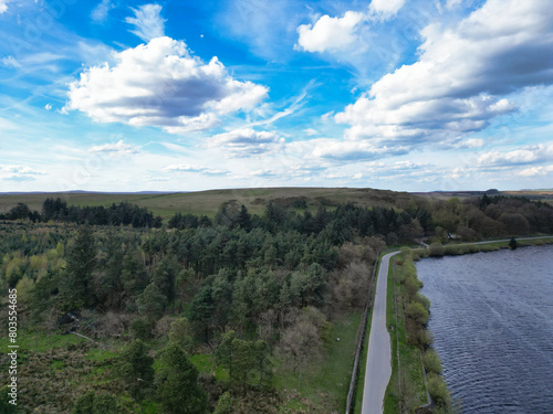 High Angle View of Most Beautiful British Landscape at Redmires Water Reservoirs over Hills of Sheffield City of England United Kingdom  April 30th  2024