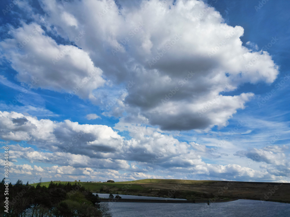 High Angle View of Most Beautiful British Landscape at Redmires Water Reservoirs over Hills of Sheffield City of England United Kingdom, April 30th, 2024 High Angle View of Most Beautiful British Landscape at Redmires Water Reservoirs over Hills of Sheffield City of England United Kingdom, April 30th, 2024