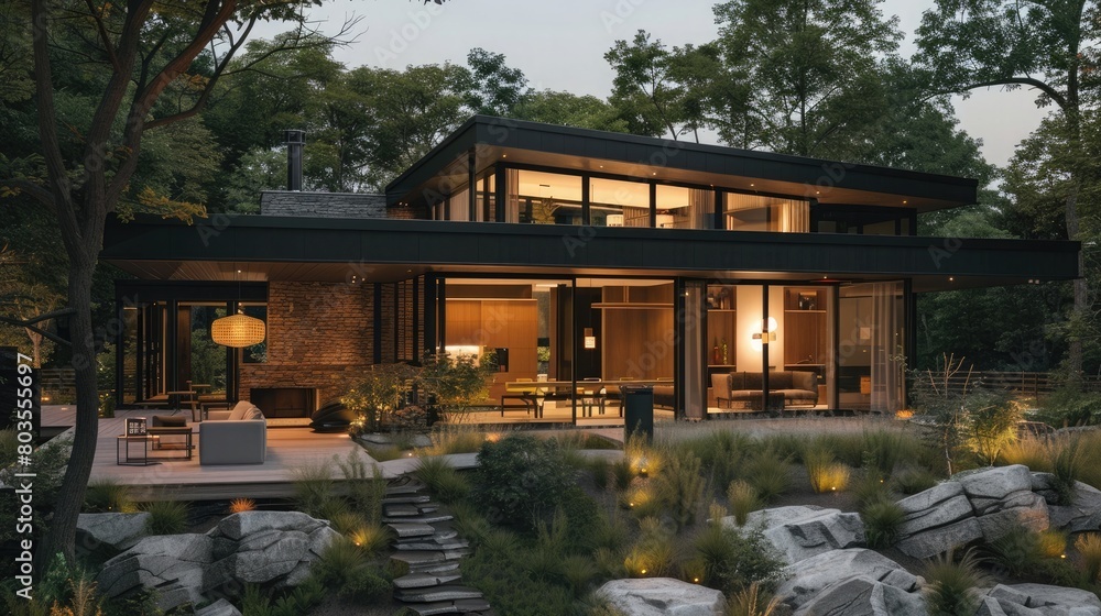Modern chic prefab home with outdoor living space in nature at dusk
