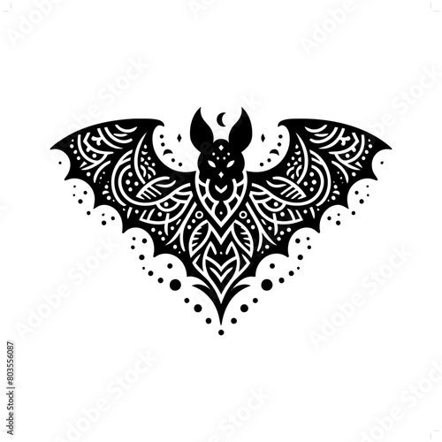 bat silhouette in bohemian, boho, nature illustration