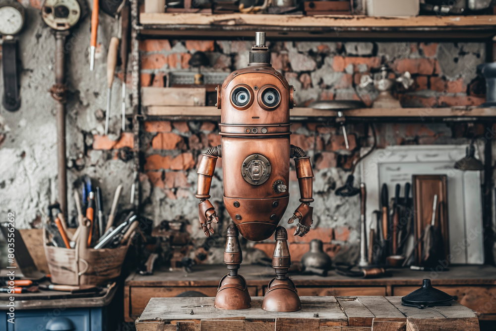 Steampunk robot assistant in a workshop Steampunk robot assistant in a workshop